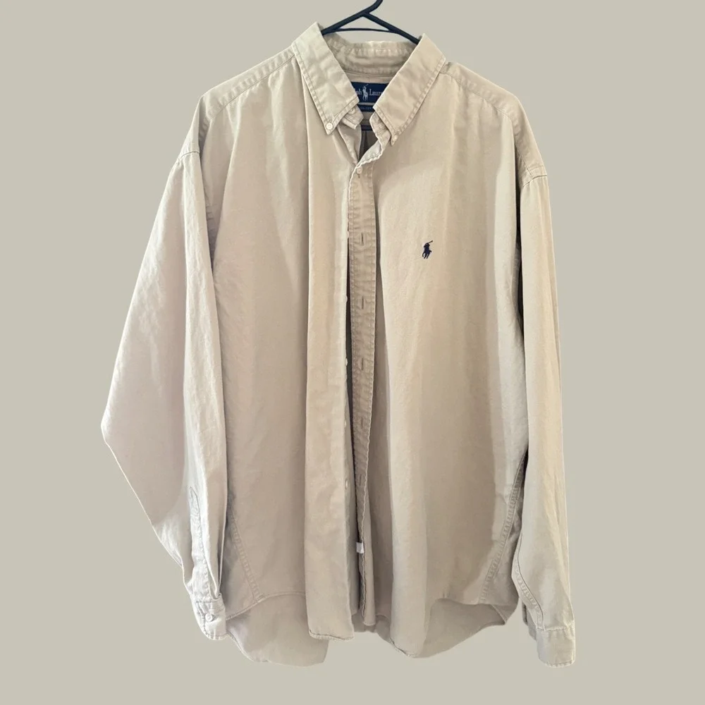 Polo Ralph Vtg Lauren Mens Tan Khaki Cotton Twill Button Down Shirt Long Sl XL
